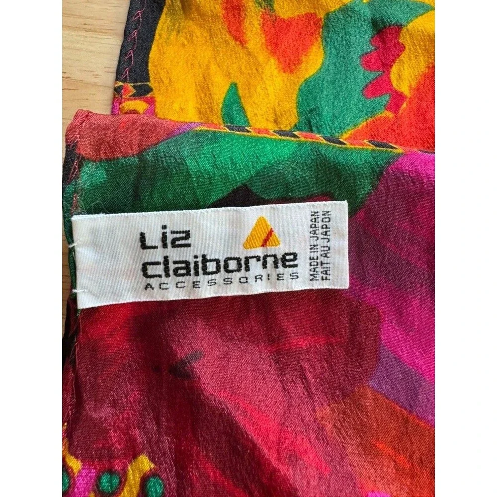 Vintage 1989 Liz Claiborne 100% Silk Scarf Bold Abstract Floral Jewel Tone 52x10